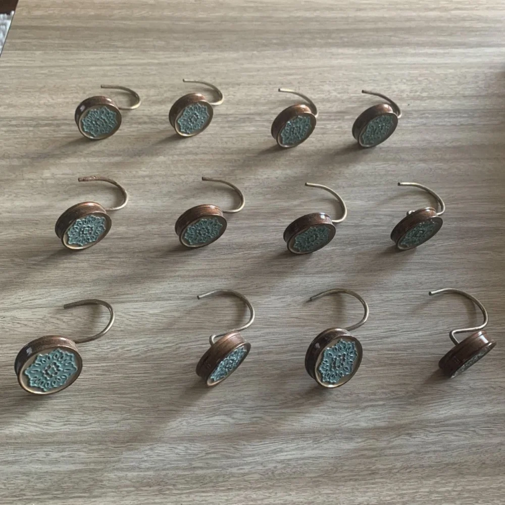 12 Blue Teal Floral Round Shower Curtain Hooks W/ Rusty Brown Metal Rings Touch